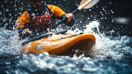 Naklejka premium A kayaker paddles through a river, creating a spray of water. The kayaker is wearing a yellow life jacket and is focused on the task at hand.