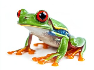 Green Tree Frog with Red Eyes Isolated on White Background