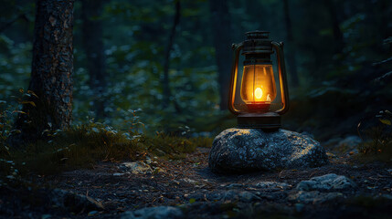 A solitary lantern emits a warm, inviting light, positioned on a stone in a shadowy forest during dusk, evoking a sense of solitude and contemplation.