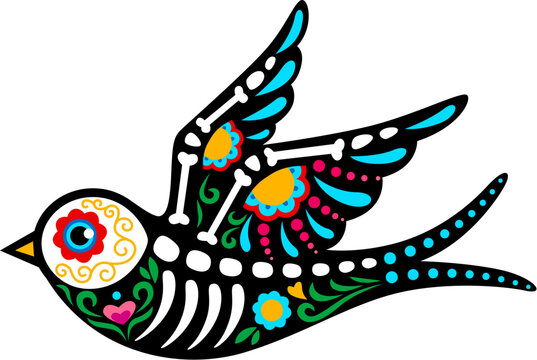 Day of the dead Mexican swallow bird animal skeleton tattoo, sugar skull. Isolated vector vibrant flying bird with bones, intricate patterns, bold colors and floral motifs, symbolizing life and death