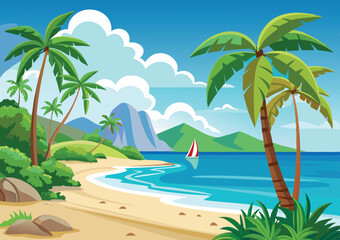 tropical island beach on a sunny day, cartoon illustration