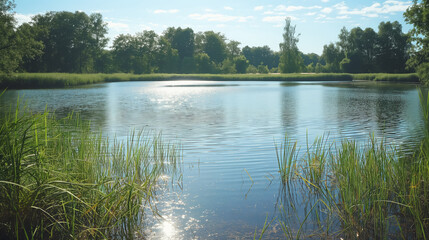 Fototapeta premium Calm, reflective pond surrounded by lush greenery on a sunny day, with the still water creating a peaceful and serene landscape.