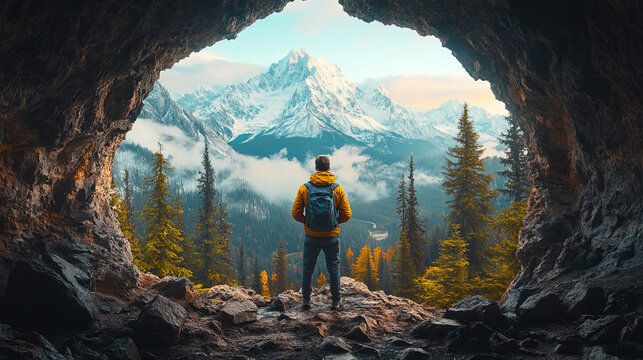 Adventurous Man Hiker standing in a cave with rocky mountains in background. Adventure Composite. 3d Rendering Peak. Aerial Image of landscape from British Columbia, Canada 