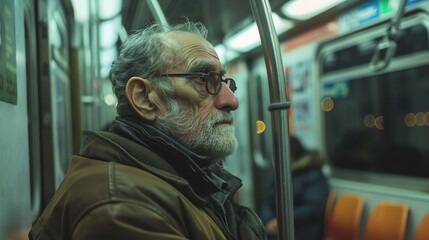 A thoughtful elderly man with a white beard and glasses looks out the window of a public transit vehicle. He is wearing a brown leather jacket.