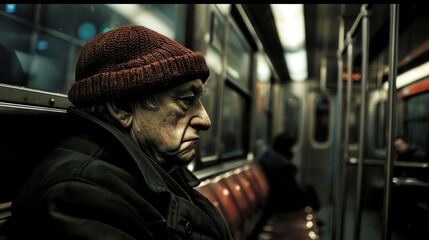 Fototapeta premium A man in a red hat sits on a subway train, looking out the window.