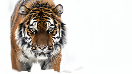 Fototapeta premium Tiger Stalks Through the Snow, Copy Space for Your Message