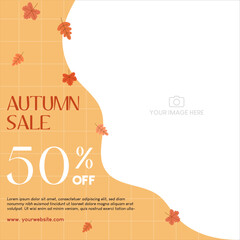 Obraz premium Autumn sale discount in yellow theme with autumn leaves and image placement on the right. Vector illustration template for social media promotion.