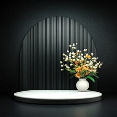 Minimalist Black and White Podium with Floral Arrangement.