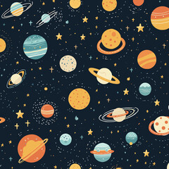 Fun outer space pattern featuring planets, stars, and colorful celestial elements
