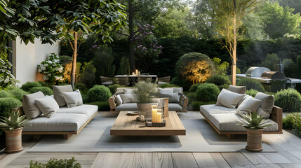 Fototapeta premium Modern Backyard Oasis Patio Design Ideas with Lush Greenery and Cozy Seating