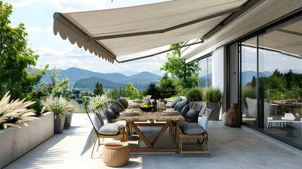 Fototapeta premium Modern Patio with Mountain Views Luxury Home Design