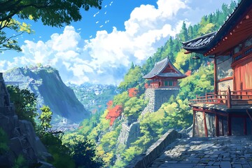 Japanese Temple in Mountain Landscape with Blue Sky and White Clouds