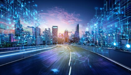 Futuristic Cityscape with Glowing Digital Connections