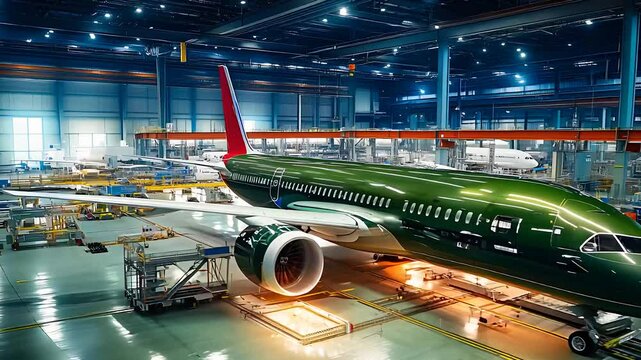 Large Aircraft in Industrial Hangar, Advanced Airplane Manufacturing, Aviation Technology, Modern Aerospace Engineering