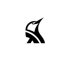 Minimalist bird logo design in black and white, featuring a stylized bird with sharp angles and smooth curves, symbolizing freedom, creativity, and nature