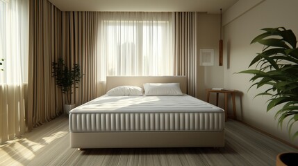 New matress on a bed of light cozy pastel beige hotel room or apartment for rent for healthy sleep and washing services