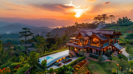 A stunning sunset view over a luxury villa with a pool, surrounded by lush greenery and mountains, perfect for relaxation.