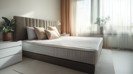 New matress on a bed of light cozy pastel beige hotel room or apartment for rent for healthy sleep and washing services