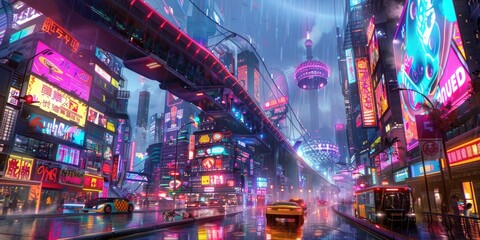 Obraz premium A vibrant, futuristic cityscape illuminated by neon lights in a rainy atmosphere.
