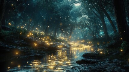 A tranquil forest glen with glowing streams of water winding through, reflecting the soft light of the stars overhead.
