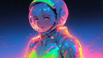Colorful Female Astronaut in Cosmic Space