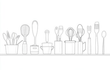 Continuous line drawing of various kitchen utensils on a white background, featuring pots, pans, tongs, and cutlery