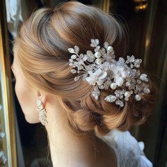 Elegant bridal hairstyle adorned with delicate flowers and pearls, perfect for capturing moments of beauty on a special day.