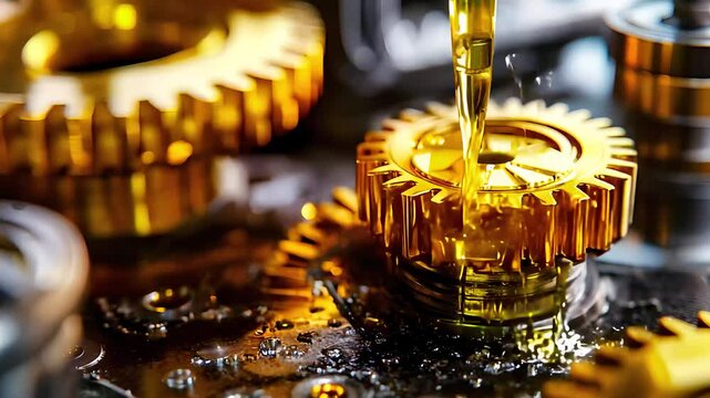 Golden mechanical gear lubrication, industrial machinery, precision engineering, oil in motion, efficient mechanical operation