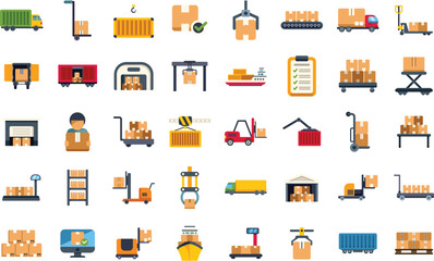 Set of vector icons showing the different aspects of warehouse logistics and delivery service