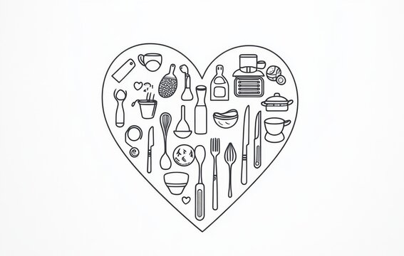 recommend clip art: Continuous line drawing of various kitchen utensils shaped into a heart, featuring pots, pans, tongs, and cutlery on a white background