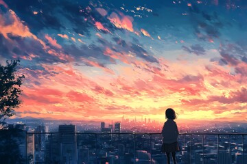 Silhouette of a young woman gazing at vibrant sunset sky over cityscape