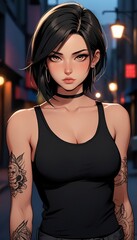 Tattooed woman in black tank top at night