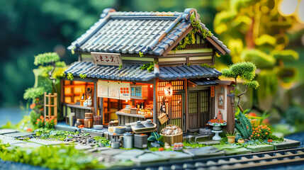 Fototapeta premium Charming miniature Japanese style tea house with intricate details, surrounded by lush greenery and vibrant colors.