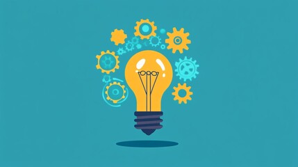 Innovative Thinking: Conceptual Light Bulb with Gears in Flat Design, Symbolizing Ideas and Growth