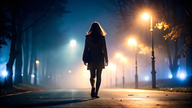 Silhouette of a young woman walking home alone at night background