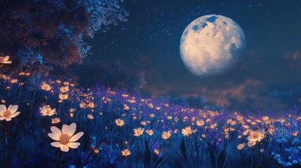 A vast, otherworldly field of giant, glowing flowers swaying gently under the light of a massive, low-hanging moon.