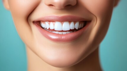 Fototapeta premium A close-up of a woman's smile, showcasing her perfect white teeth and healthy gums.
