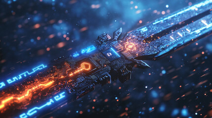 Fototapeta premium A microchip embedded in a futuristic sword. with glowing runes along the blade. 
