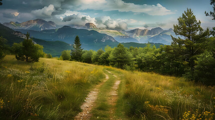 Obraz premium Serene Mountain Path A Tranquil Escape in Nature