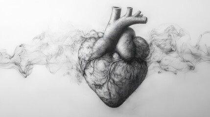 Obraz premium A detailed pencil drawing of a human heart with smoke emanating from it. This artwork explores the concepts of love, loss, and the fragility of life.