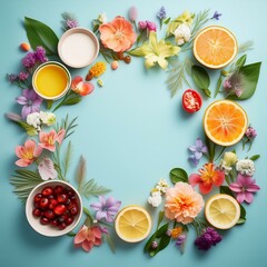 Colorful Circular Arrangement of Fruits, Flowers, and Beverages