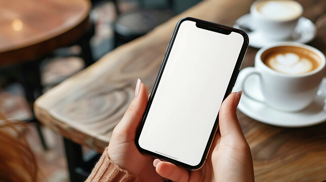 A person holds a smartphone with a blank screen in a cafe.