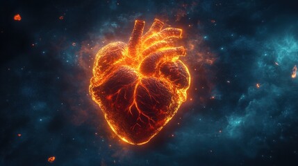 A fiery, glowing heart is depicted against a dark blue galaxy, symbolizing passion, strength, and the power of love.
