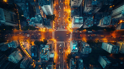 Aerial top view of downtown district buildings in night city light. Bird's eye view from drone of cityscape metropolis infrastructure, crossing streets with parked cars. Development infrastructure  
