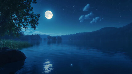 Peaceful night scene with full moon reflecting on a still lake.