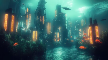 Obraz premium A futuristic city built entirely underwater, with glowing buildings rising up from the seabed and strange sea creatures swimming around them.