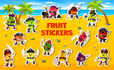 Obraz premium Cartoon fruit pirate and corsair characters stickers. Lychee, bergamot, pear and orange, dragon fruit, carambola, grape and melon, mango, plum or passion fruit on secret island with tropical beach