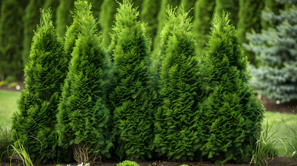 Vibrant Green Conifer Hedge in a Lush Garden