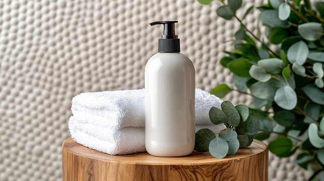 White Pump Bottle with Towels and Eucalyptus on Wooden Table.