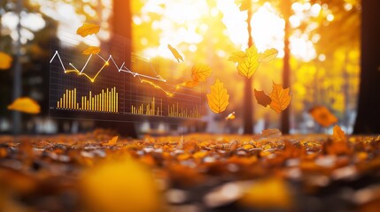 Autumn leaves falling in a forest with a financial graph overlay, symbolizing seasonal economics and data trends in nature.